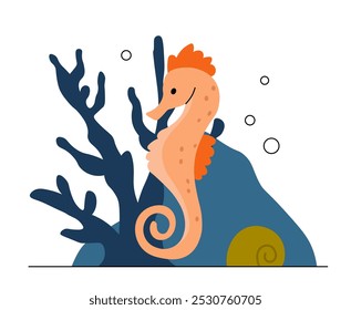 Sea creature concept. Orange sea horse near corals and reefs. Underwater world. Sea or ocean fauna. Template and layout. Flat vector illustration isolated on white background