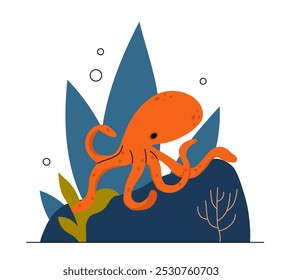 Sea creature concept. Orange octopus near corals and reefs. Underwater world. Sea or ocean. Poster or banner for website. Flat vector illustration isolated on white background