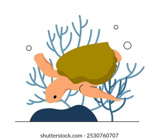 Sea creature concept. Turtle near corals and reefs. Underwater world. Sea or ocean. Marine fauna and wild life. Social media cover. Flat vector illustration isolated on white background