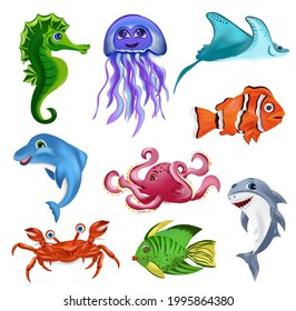 Sea creature, dolphin, octopus, shark, tropical fish, sea horse, stingray, jellyfish, crab. Cartoon Characters. 3D vector icon.