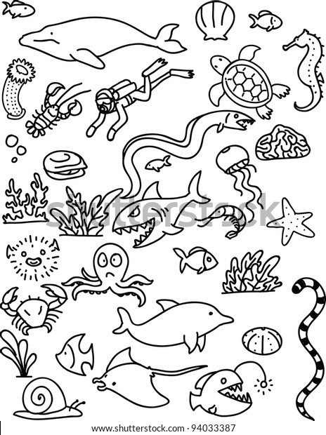 Sea creature doodle background. Vector illustration. Each element in a