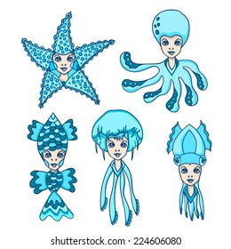 Sea Creature Girls Vector Collection: Sea Star, Octopus, Fish, Jellyfish and Squid