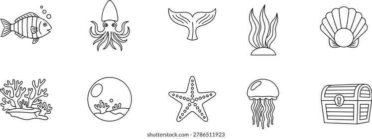 Sea creature hand drawn illustration collection with fish squid starfish treasure