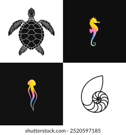 Sea creature icon set. Abstract seahorse jellyfish nautilus shell and turtle. Sea life sign