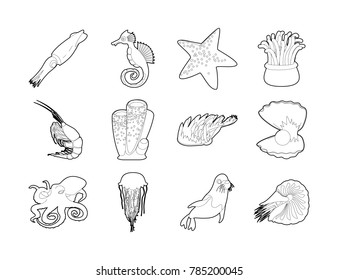 Sea creature icon set. Outline set of sea creature vector icons for web design isolated on white background