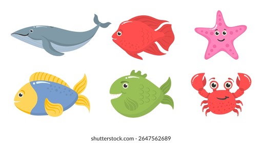 Ilustração de criatura marinha. Engraçado desenhos animados animais aquáticos, incluindo baleia, estrelas-do-mar e peixes borboleta. Projeto de vetor subaquático com corais, algas marinhas e bebês fauna marinha em estilo plano.


