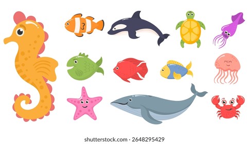 Ilustração de criatura marinha. Engraçado desenhos animados animais aquáticos, incluindo baleia, estrelas-do-mar e peixes borboleta. Projeto de vetor subaquático com corais, algas marinhas e bebês fauna marinha em estilo plano.

