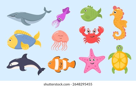 Ilustração de criatura marinha. Engraçado desenhos animados animais aquáticos, incluindo baleia, estrelas-do-mar e peixes borboleta. Projeto de vetor subaquático com corais, algas marinhas e bebês fauna marinha em estilo plano.

