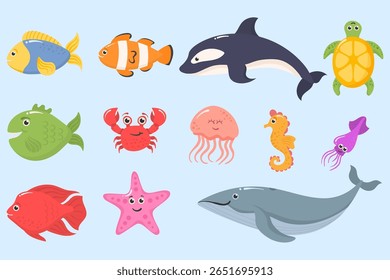 Ilustração de criatura marinha. Engraçado desenhos animados animais aquáticos, incluindo baleia, estrelas-do-mar e peixes borboleta. Projeto de vetor subaquático com corais, algas marinhas e bebês fauna marinha em estilo plano.


