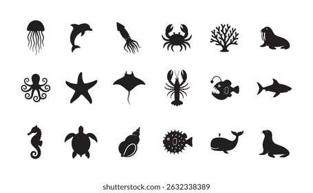 Sea creature life animal black silhouette design bundle, set of fish, crab, seahorse logo icon clip art