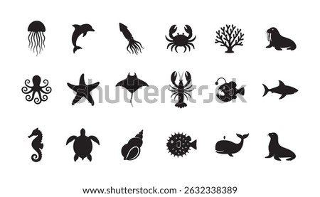Sea creature life animal black silhouette design bundle, set of fish, crab, seahorse logo icon clip art