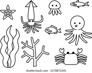 Sea creature line drawing set