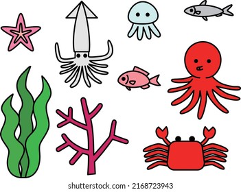 Sea creature line drawing set_colorful