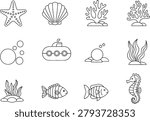 Sea creature object line art icon collection in simple black white style