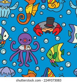 sea creature party seamless pattern for wallpaper, background, textile etc. octopus, butterfly fish, crab, squid, snail, and seahorse seamless pattern