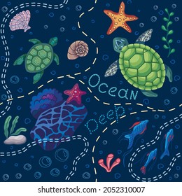 Sea creature set, underwater adventure, vector colorful seamless pattern with doodle style, objects in marine life, turtles and sea stars, cute cartoon ocean deep dark blue background for kids