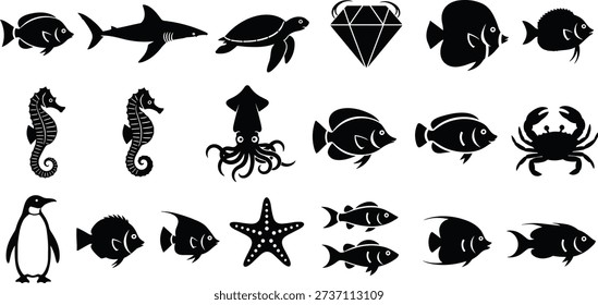 Sea creature silhouette vector collection, marine life icons, underwater animals, ocean-themed design, black and white illustration, aquatic species, educational graphic set.