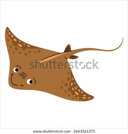 Sea creature vector illustration of smiling eagle ray fish in cartoon flat style, floating underwater manta ideal for aquatic ocean themed designs
