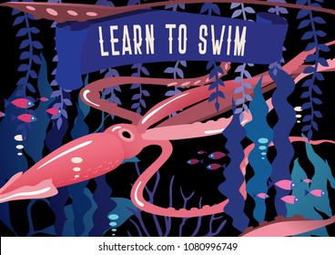 Sea creature vector illustration. Underwater marine fairytale landscape with mythology fantasy character. Bright vintage retro poster in violet colors and slogan "Learn to swim".
