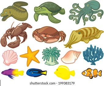 Sea Creatures Stock Vector (Royalty Free) 199383179 | Shutterstock