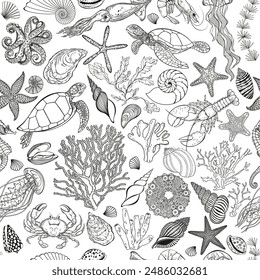 Sea creatures. Abstract seamless pattern on the marine theme. Vector. Perfect for design templates, wallpaper, wrapping, fabric, print and textile.
