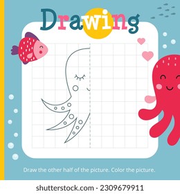 Sea creatures activities for kids. Finish the picture – Octopus. Logic games for children. Coloring page. Vector illustration. Book square format.