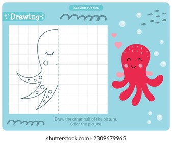 Actividades de criaturas marinas para niños. Termina la imagen - Octopus. Juegos lógicos para niños. Colorido de la página. Ilustración vectorial.