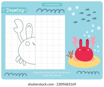 Sea creatures activities for kids. Finish the picture – Crab. Logic games for children. Coloring page. Vector illustration.