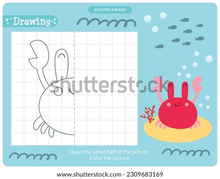 Sea creatures activities for kids. Finish the picture – Crab. Logic games for children. Coloring page. Vector illustration.
