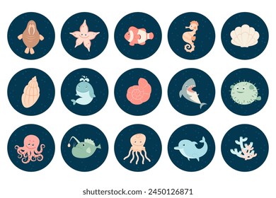 Sea creatures. Animal world of ocean. Set of vector icons. Flat, cartoon style.