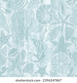 Sea creatures. Art seamless pattern on the marine theme with underwater plants,starfish, seashells on blue watercolor background. Vector. Perfect for design templates, wallpaper, wrapping, fabric.
