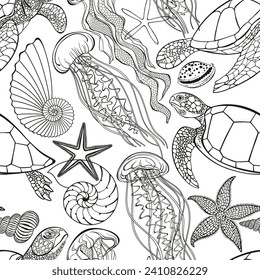 Sea creatures. Art seamless pattern on the marine theme with turtles, jellyfish, underwater plants,starfish, seashells on white background. Vector. Perfect for design templates, wallpaper, wrapping