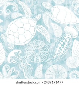 Sea creatures. Art seamless pattern on the marine theme with turtles, jellyfish, underwater plants,octopus, sea ​​urchin, seashells on blue watercolor background. Hand drawn vector illustration.