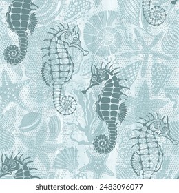 Sea creatures. Art seamless pattern on the marine theme with seahorses, underwater plants,starfish, seashells on blue watercolor background. Vector. Perfect for design templates, wallpaper, wrapping 