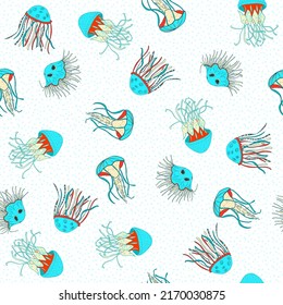 Sea creatures background. Blue jellyfish seamless pattern on white background. Ocean animals backdrop, nautical theme, vector illustration