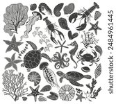 Sea creatures. Big vector collection, isolated elements on a white background. Silhouettes. Hand drawn illustration. Excellent for the design of invitations, cards, menu decoration,  print and textile