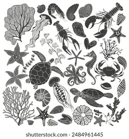 Sea creatures. Big vector collection, isolated elements on a white background. Silhouettes. Hand drawn illustration. Excellent for the design of invitations, cards, menu decoration,  print and textile