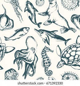 Sea Creatures - black and white vector hand drawn seamless pattern. Realistic turtle, dolphin, killer whale, cowfish, fur seal, sea bear, jellyfish, octopus, ray, seahorse, herring, swellfish