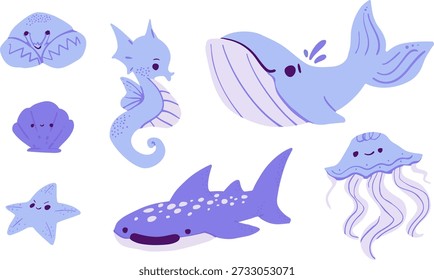 Sea Creatures in Blue Tones, Cute Kawaii Ocean Clipart Set
