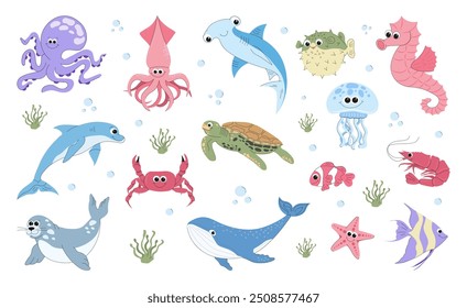 Sea creatures cartoon, underwater creatures, cute and happy, illustrations for children, animals and fish from the sea and ocean in cartoon style, for children. Smiling fish. Vector collection