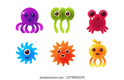 Sea creatures, collection of cute marine colorful bright glossy animal characters vector Illustration