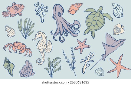 Sea Creatures Color Line Art Set. Minimalist Marine Animals Collection