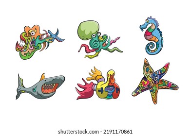 SEA CREATURES, COLORFUL ABSTRACT DOODLE