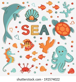 Sea creatures colorful collection. Vector illustration