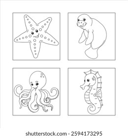 Sea creatures, coloring book style, ine art,
black and white, cute cartoon animals, starfish,
manatee, octopus, seahorse, marine file
illustrations, children’s book drawings, simple
outlines.