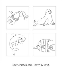 Sea creatures, coloring book style, black and
white line art, lobster, seal, dolphin, tropical
fish, simplified cartoon drawings, marine fe
illustrations, aquatic animals, outined shapes,
children's b