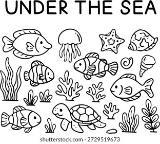 Sea creatures coloring page set for kids. Cute ocean animals underwater line art collection.