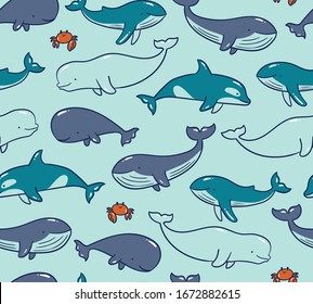 Sea Creatures: Crabs, Beluga Whale, Orca Whale, Sperm Whale, Humpback Whale. Seamless Children's Patterns, All-Over Prints with Ocean Animals. 