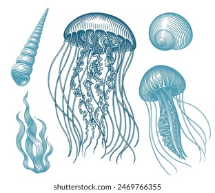 Sea creatures. Design set. Editable hand drawn illustration. Vector vintage engraving. Isolated on white background. 8 EPS
