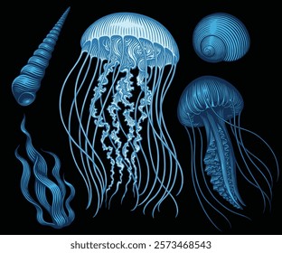 Sea creatures. Design set. Editable hand drawn illustration. Vector vintage engraving. Isolated on black background. 8 EPS